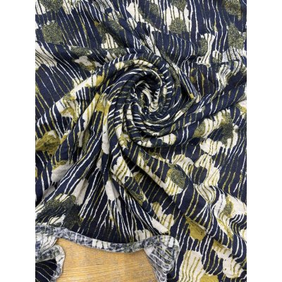 画像6: 生地：綿100％ ラフィーガーゼ天竺 ストライプ花柄プリント（ネイビー／カーキ系）