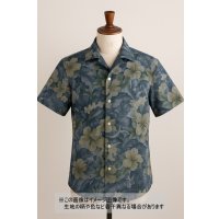 生地：ハイビスカス柄プリント　デニム風コットン（デニムブルー）
