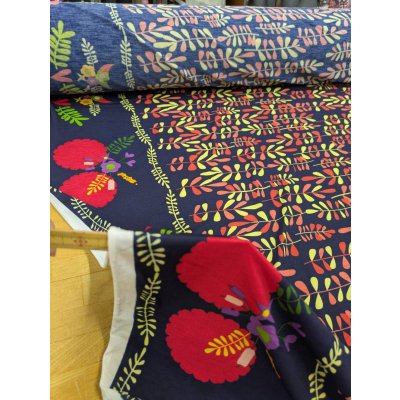 画像5: 生地：ポリエステル紺地×オレンジ黄系プリントパネルニット