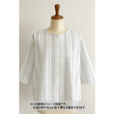 画像1: 生地：綿プリント ストライプドット（白×濃紺）