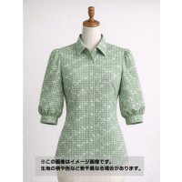 生地：綿100％小花柄刺繍風プリント ギンガムチェック（グリーン）