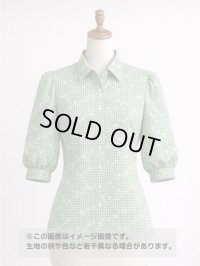 生地：綿100％小花柄刺繍風プリント ギンガムチェック（グリーン）