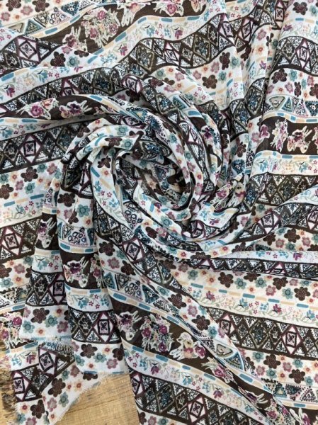 画像7: 生地：花柄ボーダー模様ポリエステルプリント（べージュ／茶） (7)