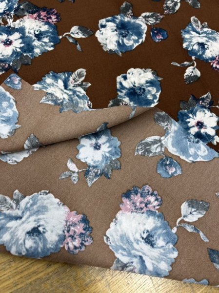 画像4: 生地:ポリエステル花柄プリント(茶/青) (4)