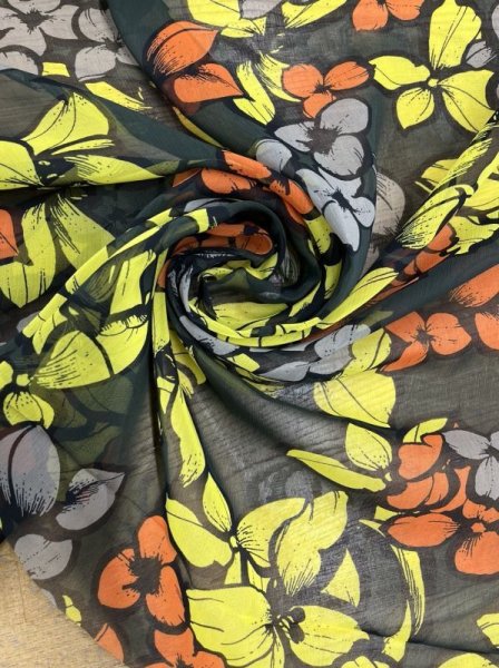 画像6: 生地:ポリエステル100%楊柳フラワープリント(黒/黄色) (6)