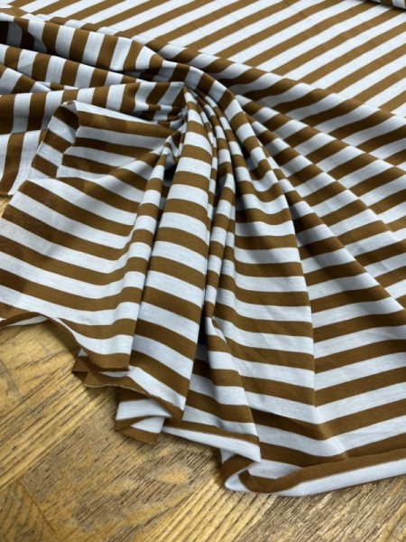 画像4: 生地:シルケット加工綿100%ボーダー柄天竺ニット(サックス/茶) (4)