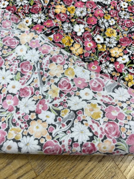 画像3: 生地:手書き風の花柄プリント(黒地/ピンク系) (3)