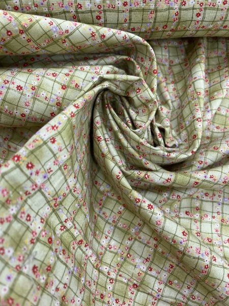 画像6: 生地:綿100%小花柄・格子・ガーデン柄プリント(グリーン) (6)