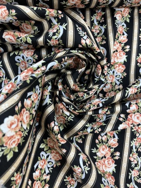 画像7: 生地:綿100%花・ストライプ柄プリントシーチング(黒地) (7)