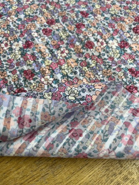 画像4: 生地:綿100%ストライプドビー織小花柄プリント(白/ピンク) (4)