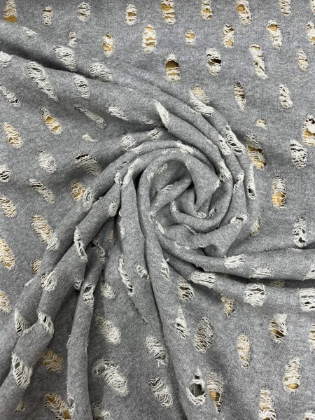 画像7: 生地:綿100%オパール型加工風ダメージ裏毛ニット(グレー) (7)