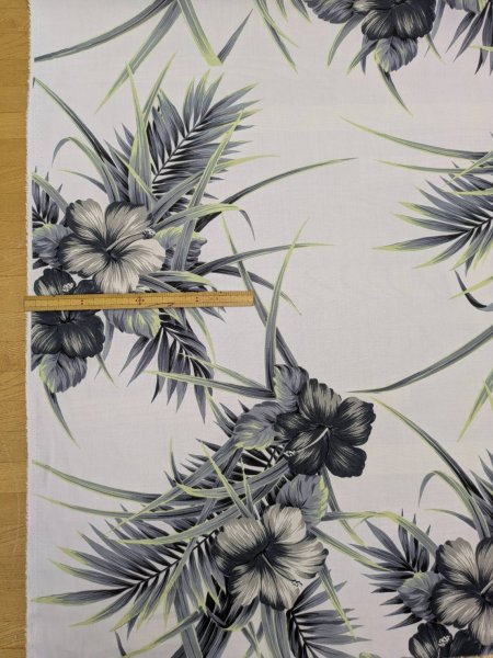 画像2: 生地:ポリエステル100% ハイビスカス柄プリント(白地/グレー・グリーン) (2)