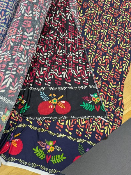 画像7: 生地：ポリエステル紺地×オレンジ黄系プリントパネルニット (7)