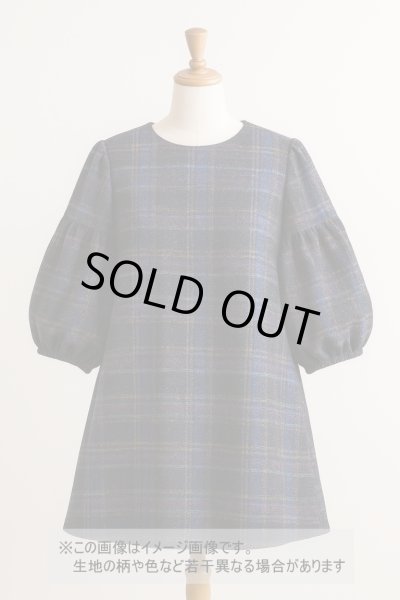 画像1: 生地：ポリエステル100％手描き風チェック柄プリントニット（ネイビー系） (1)