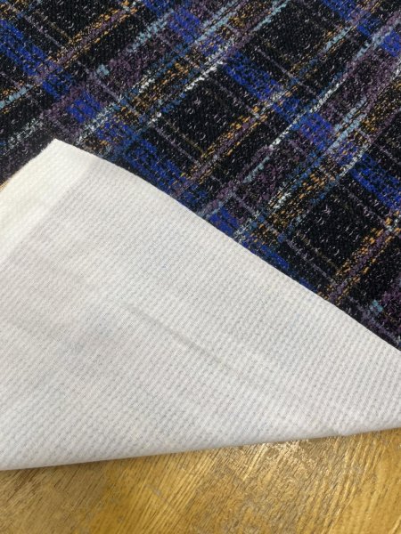 画像4: 生地：ポリエステル100％手描き風チェック柄プリントニット（ネイビー系） (4)