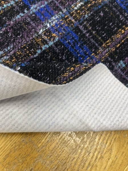 画像5: 生地：ポリエステル100％手描き風チェック柄プリントニット（ネイビー系） (5)