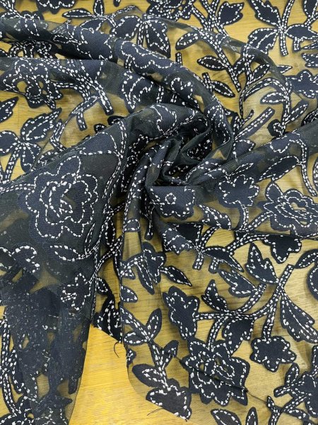 画像6: 生地：オーガンジー花柄刺繍レース（ネイビー） (6)