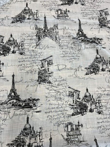 画像7: 生地：ポリエステル100％ パリ風景柄プリント（白×黒） (7)