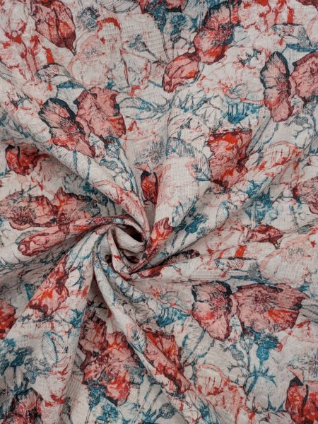 画像5: 生地：綿100％ジャガード フラワープリント（キナリ×赤×緑） (5)