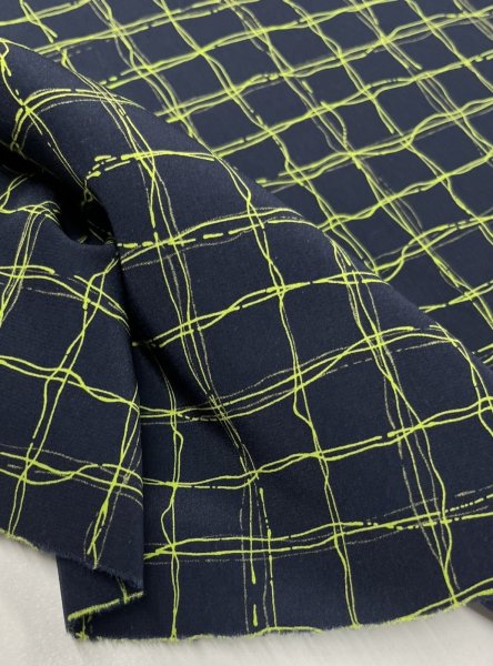 画像6: 生地：ポリエステル100％手描き風格子プリント デシン（ネイビー×蛍光グリーン） (6)