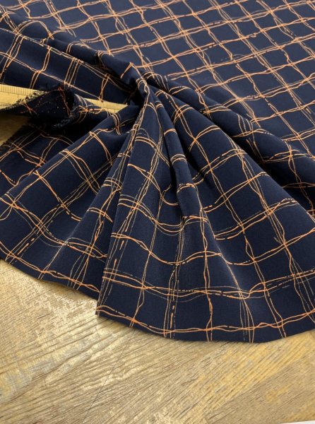 画像5: 生地：ポリエステル100％手描き風格子プリント デシン（ネイビー×オレンジ） (5)