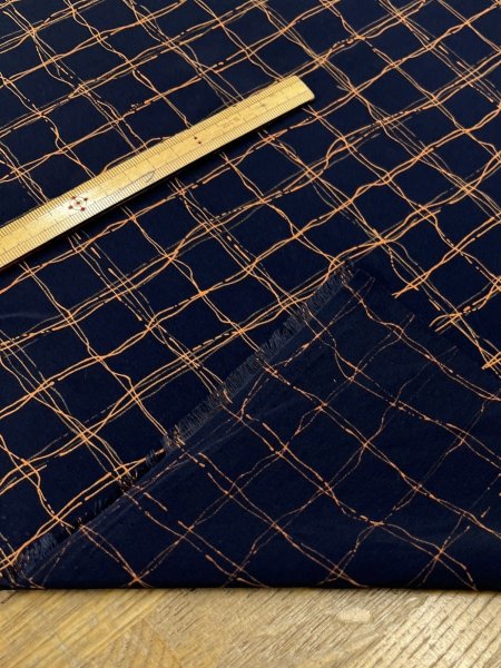 画像6: 生地：ポリエステル100％手描き風格子プリント デシン（ネイビー×オレンジ） (6)