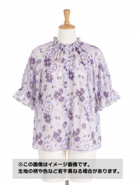 画像1: 生地：ポリエステル シフォンプリント（ラベンダー系フラワー） (1)